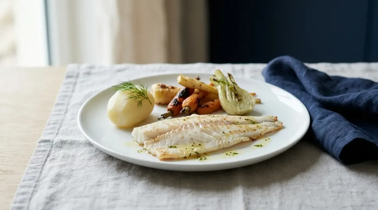Assiette de poisson blanc accompagnée de légumes et d'une sauce au beurre, dressée dans une cuisine, lumière naturelle du jour