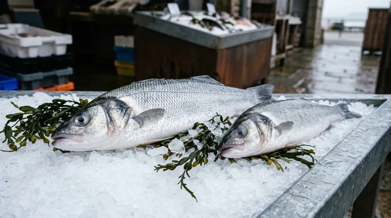 Bar de ligne sauvage entier sur glace pilée à l'étal d'un poissonnier, robe argentée brillante, à côté d'un bar d'élevage plus petit pour comparaison