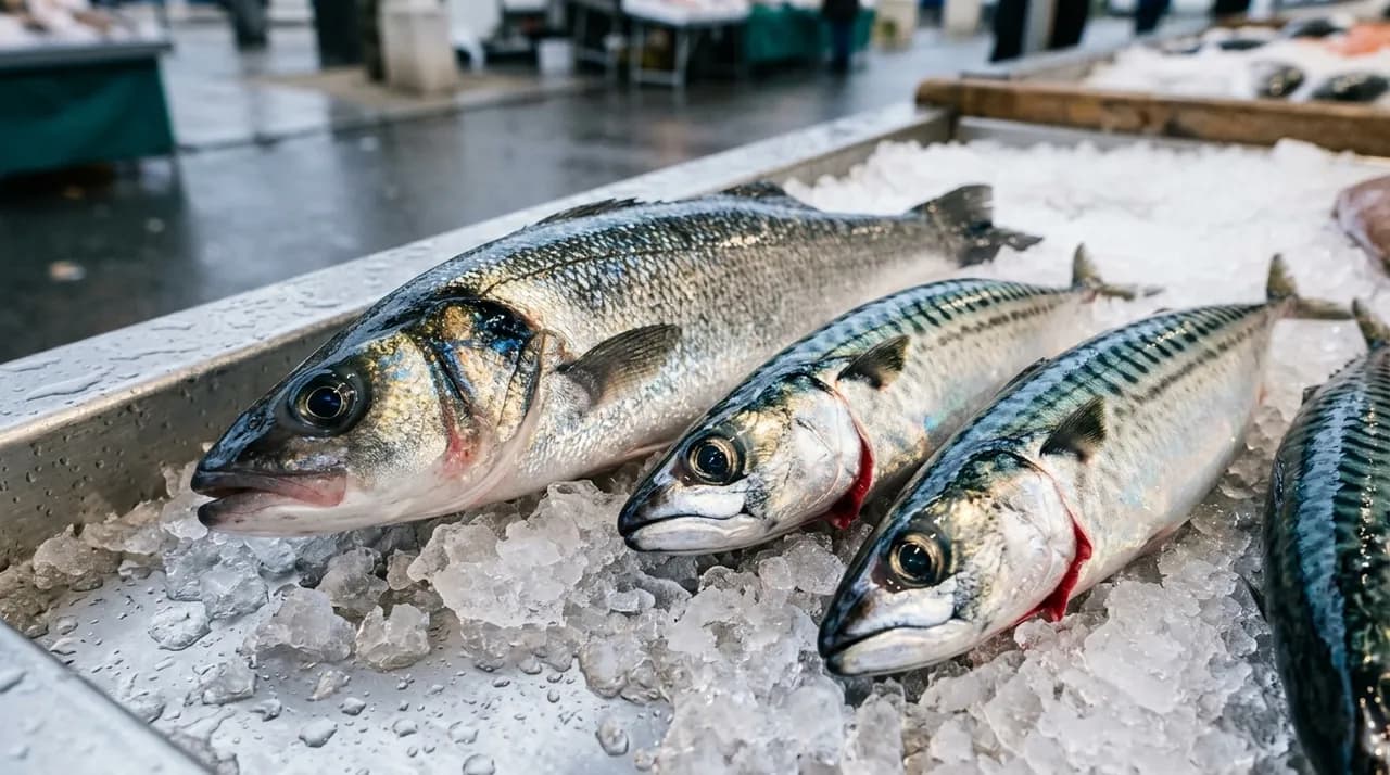 Poissons entiers très frais sur un lit de glace pilée à l'étal, œil bombé et brillant, peau argentée aux reflets métalliques