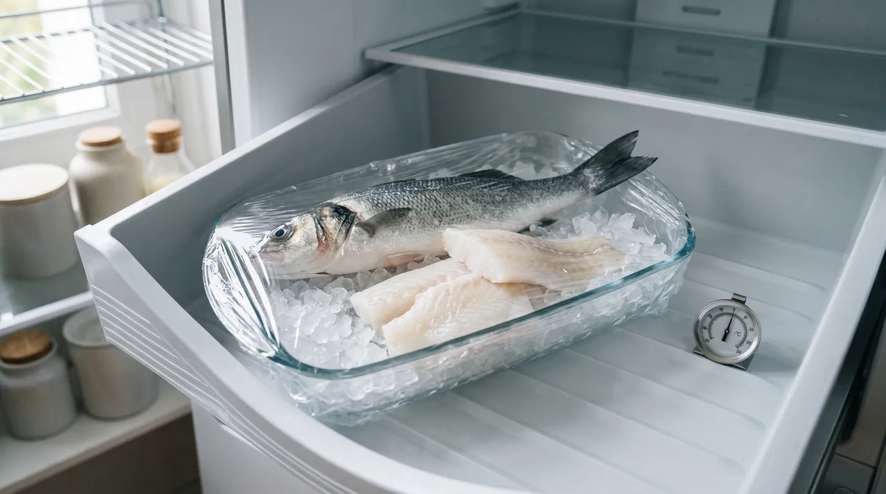 Poisson frais entier et filets conservés sur glace pilée dans un plat en verre au réfrigérateur, avec thermomètre de cuisine indiquant une température proche de 0 °C