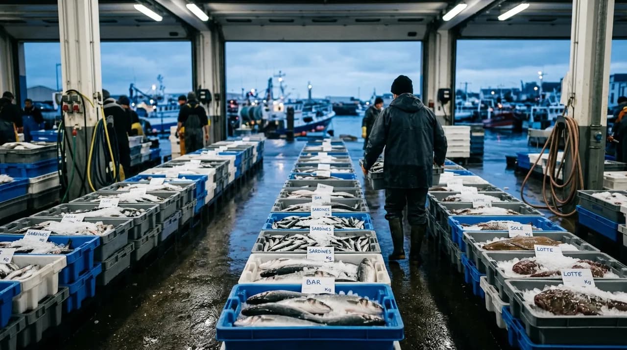 Caisses de poissons frais sur glace alignées sous la halle à marée d'une criée de la côte atlantique, à l'aube