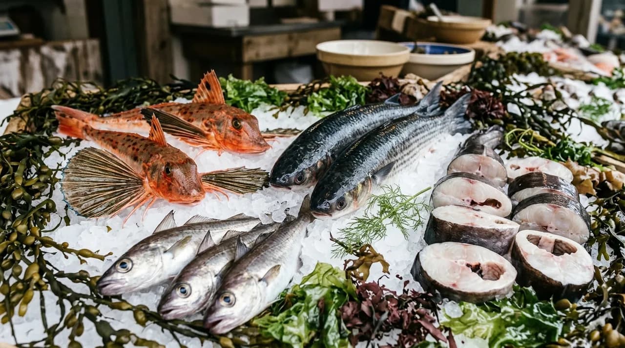 Grondins rouges aux nageoires déployées, mulets et tacauds sur la glace d'un étal de poissonnier, espèces méconnues de la pêche côtière atlantique