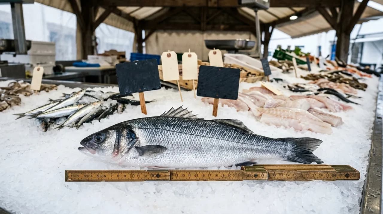 Étal de poissonnier sur glace pilée avec un bar entier mesuré le long d'une règle graduée en bois, ardoises et étiquettes de criée à l'arrière-plan, sur un marché de la presqu'île guérandaise