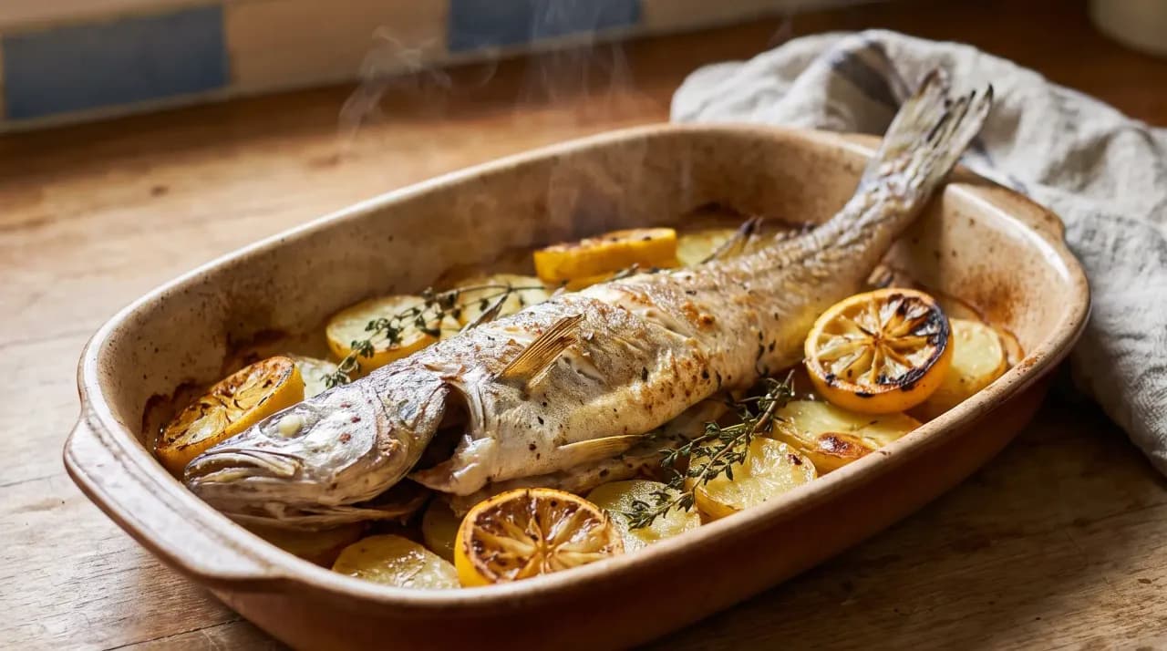 Tronçon de poisson doré sortant du four sur plat de service, chair nacrée qui se détache à la pointe d'un couteau, pommes de terre rôties à côté.