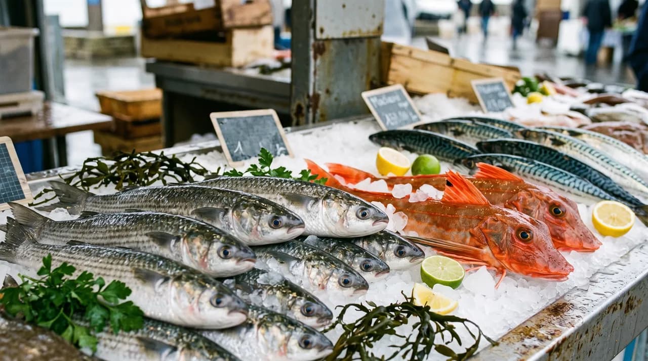 Étal de poissonnier sur glace pilée : mulets argentés au premier plan, grondin rouge au centre et maquereaux rayés derrière, avec petites ardoises de prix plantées dans la glace, sur un marché de la presqu'île guérandaise
