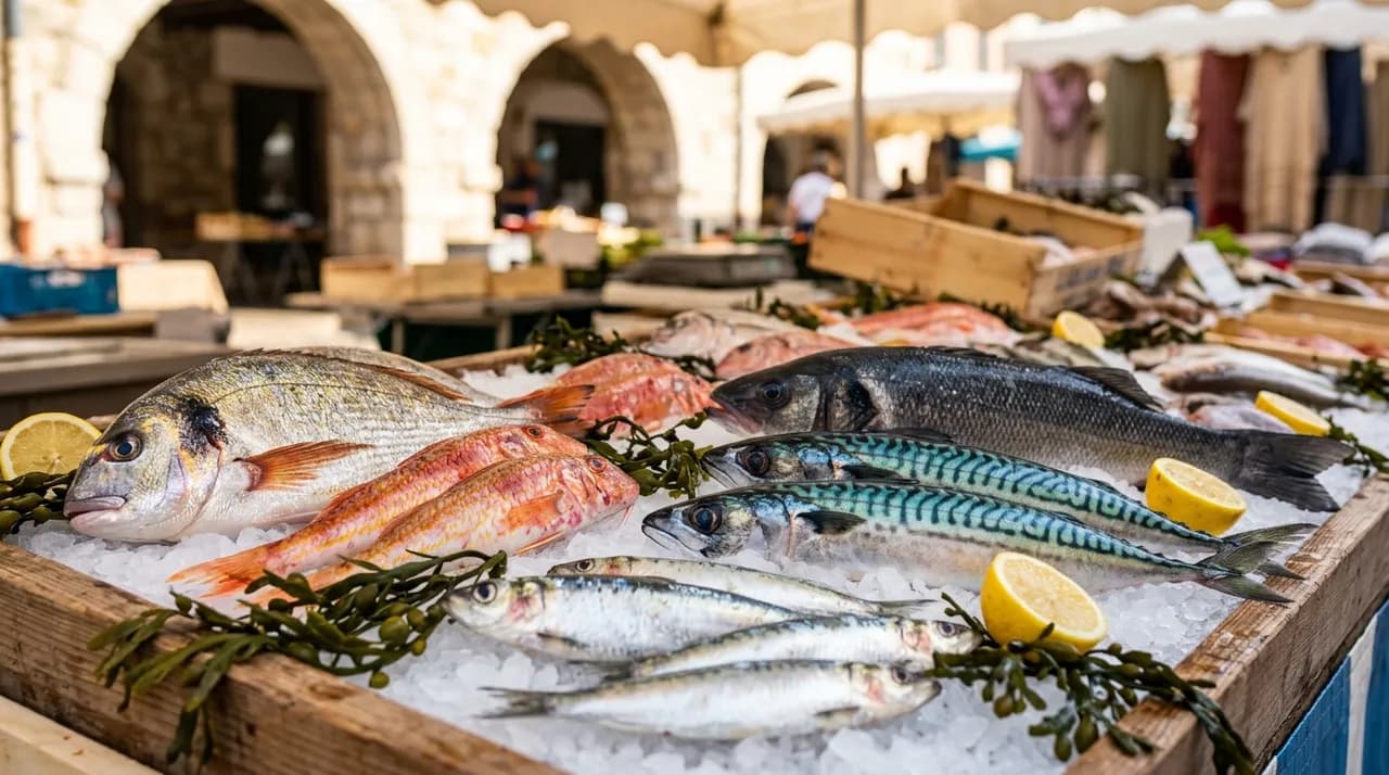 Étal de poissonnier en plein été : sardines, maquereaux, daurades royales et rougets brillants sur un lit de glace pilée, lumière chaude de mois d'août