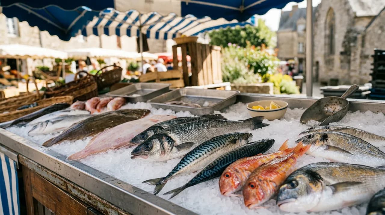 Étal de poissons frais de juillet sur un marché de la presqu'île guérandaise : bars, maquereaux, soles et rougets sur glace