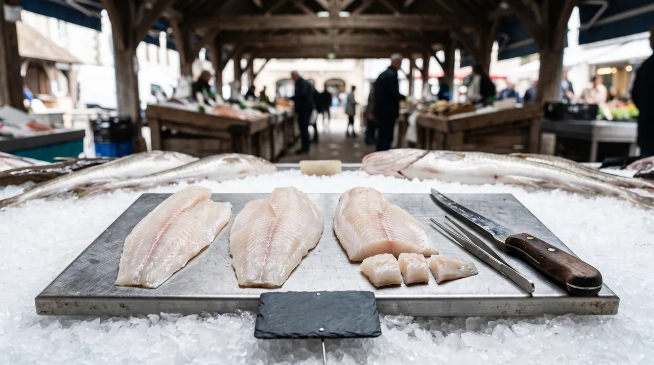 Filets de poisson blanc parés sur une planche inox posée sur glace pilée, pince à arêtes et couteau à fileter à côté, avec des petites portions taillées pour des enfants, sous les halles d'un marché de la presqu'île guérandaise