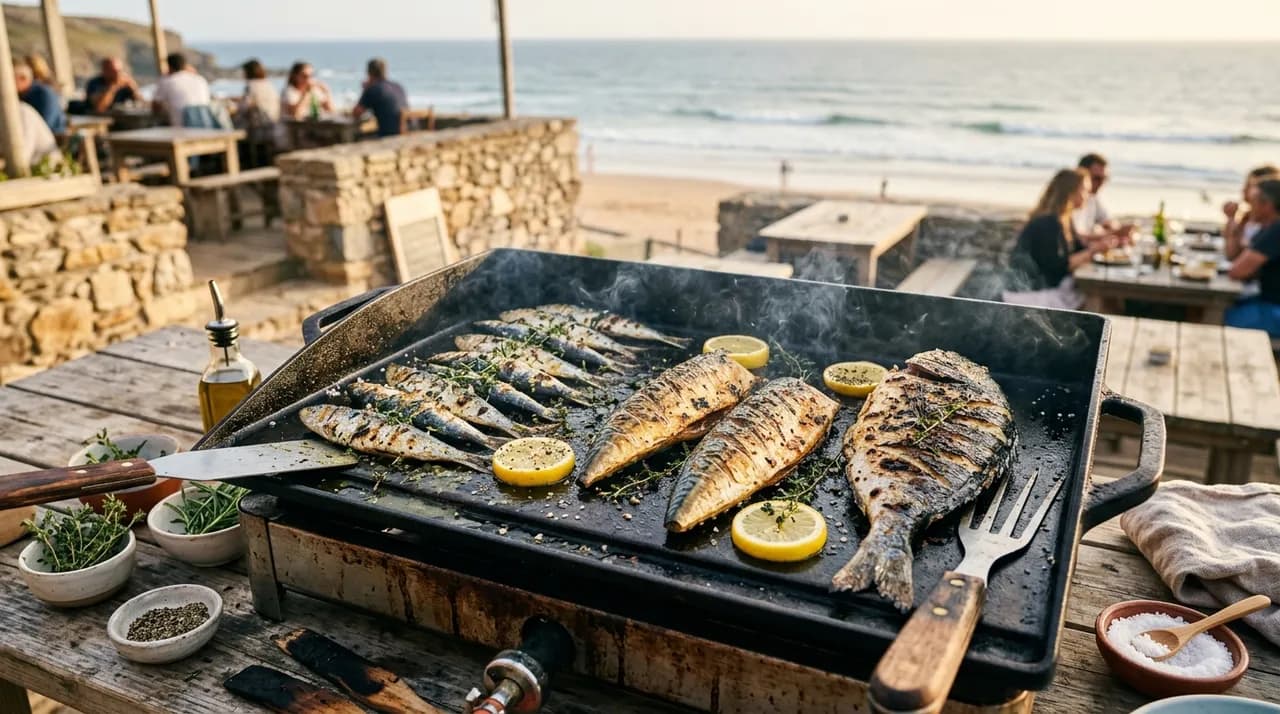 Sardines entières, filets de maquereau et daurade royale en train de griller côte à côte sur une plancha en fonte, avec citron, thym et fleur de sel, en terrasse au bord de l'Atlantique