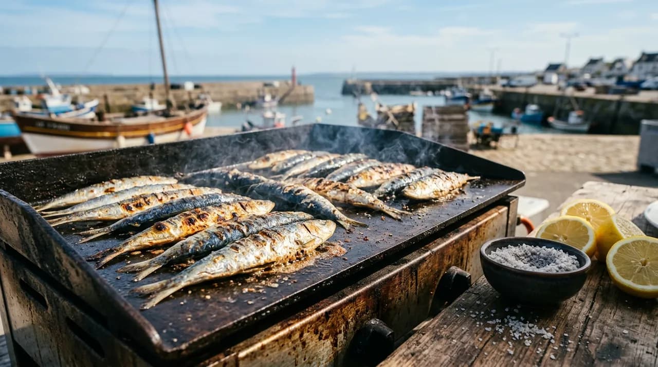Sardines fraîches entières saisies sur une plancha fumante, peau dorée et cloquée, citron et gros sel à côté