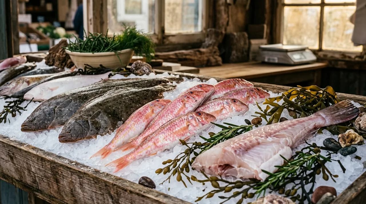 Soles, rougets et queue de lotte sur la glace d'un étal de poissonnier dans la lumière douce et dorée d'un matin de septembre
