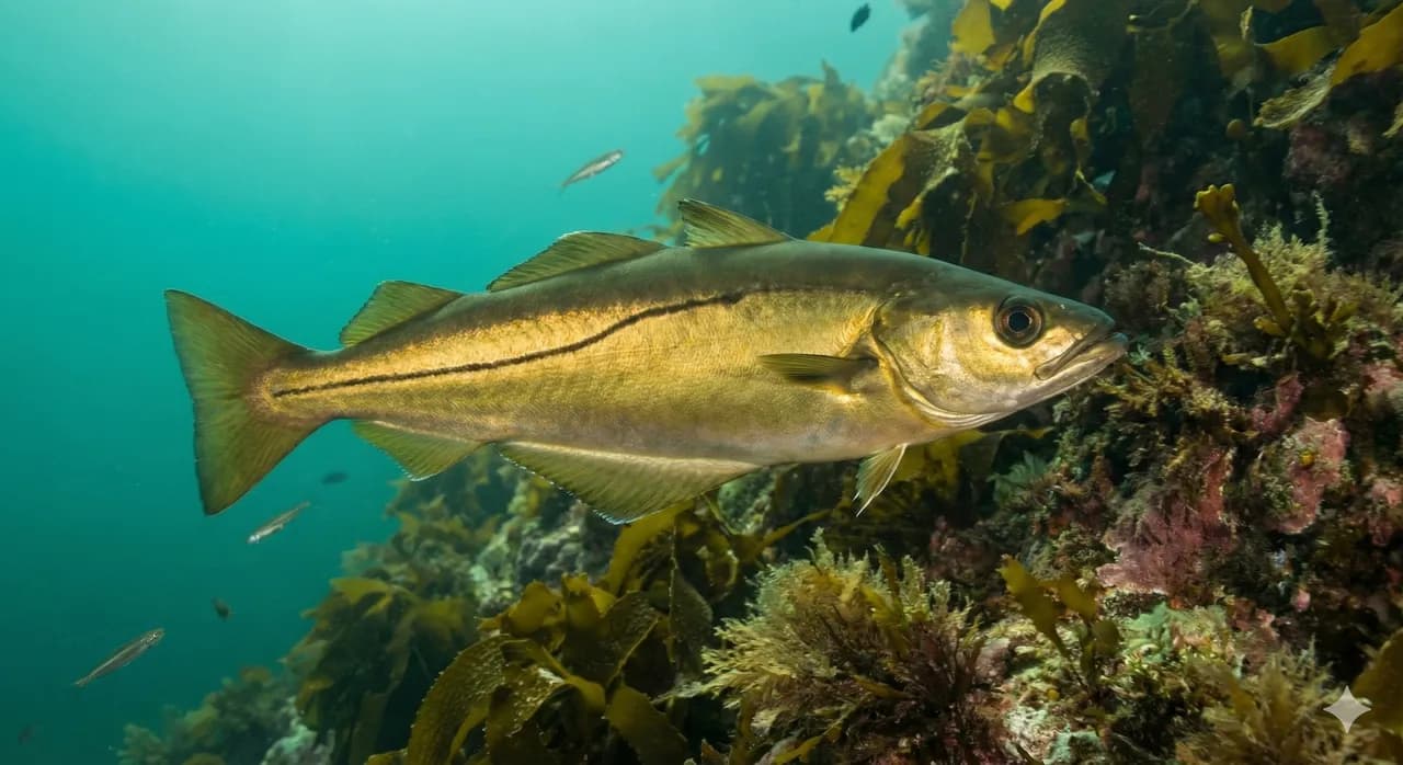 Lieu jaune frais entier, flancs dorés et ligne latérale sombre caractéristique