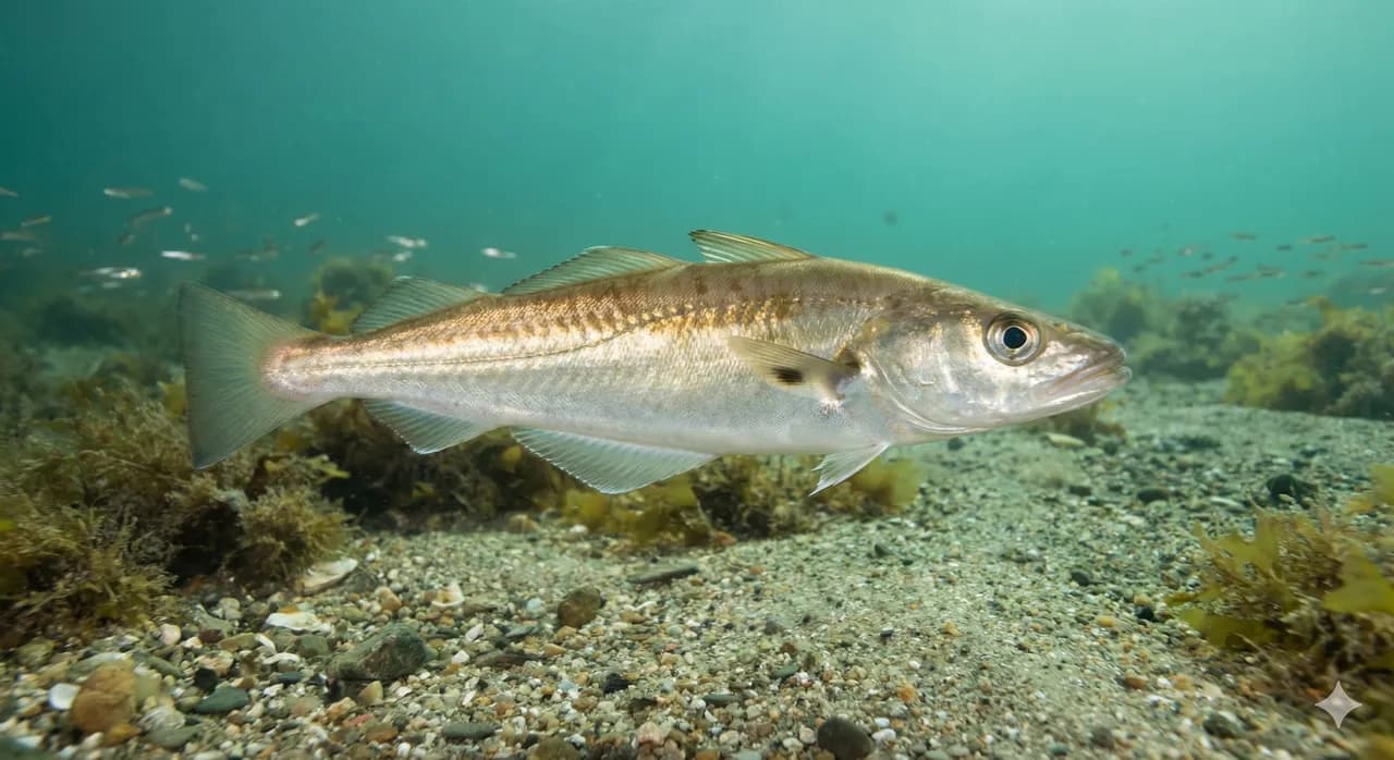 Merlan frais entier sur glace, chair blanche et nacrée, pêche atlantique