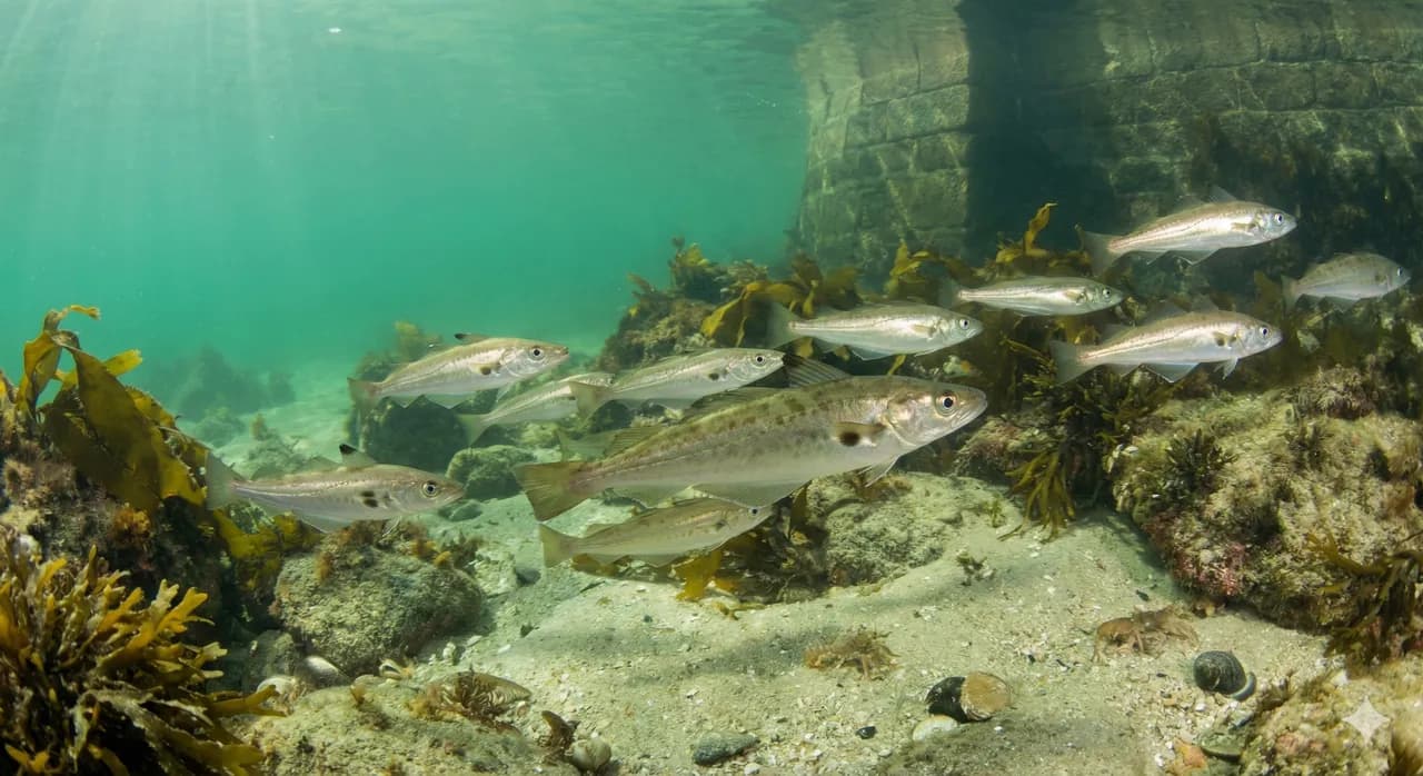 Petits merlans frais alignés sur glace pilée, pêche du jour atlantique