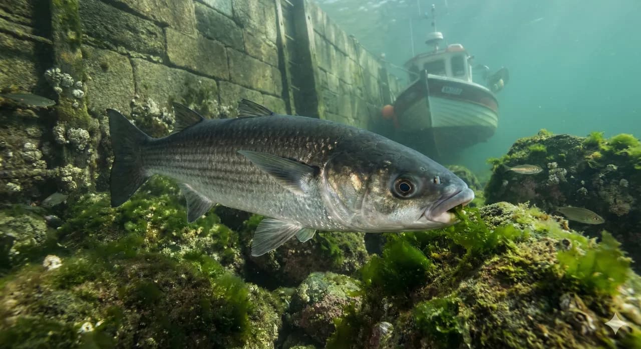 Mulet noir aux reflets argentes et au dos sombre sur un etal de marche