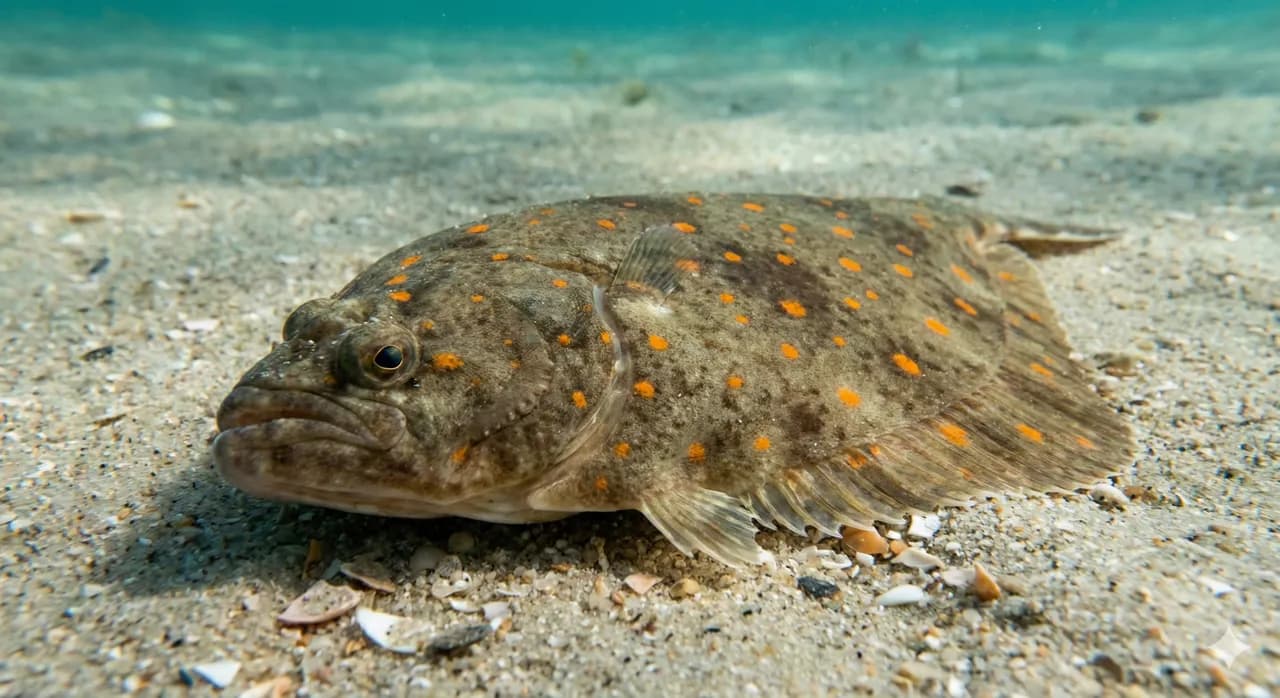 Plie fraiche sur un etal de poissonnier, chair nacree et peau tachetee orange