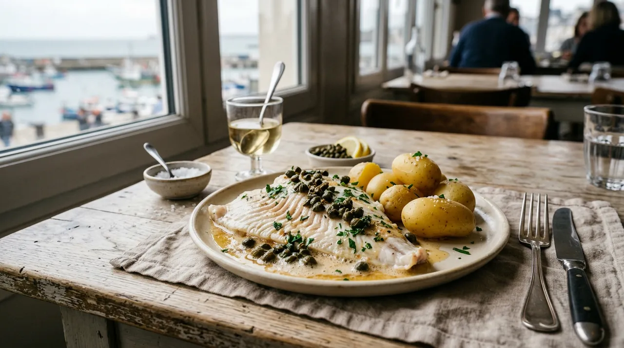 Aile de raie pochée nappée de beurre noisette aux câpres, servie avec persil et pommes vapeur