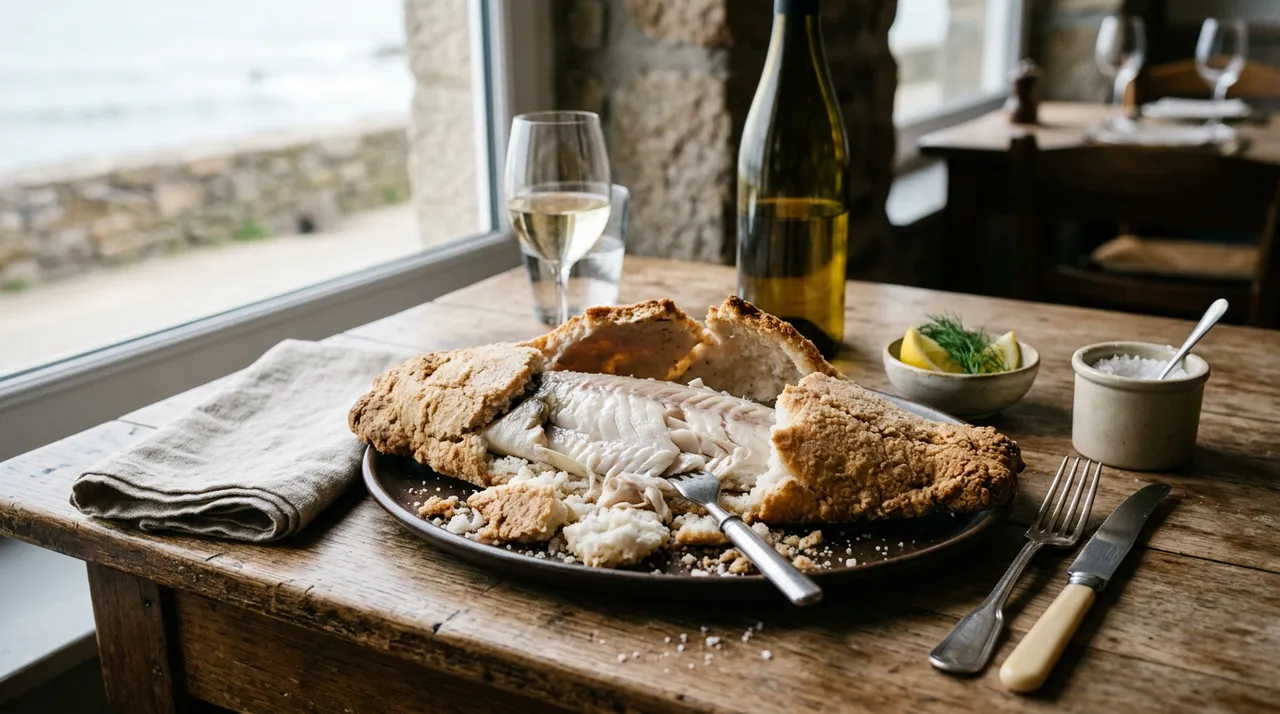 Bar entier en croûte de sel de Guérande dorée, cassée à table pour révéler la chair nacrée du poisson