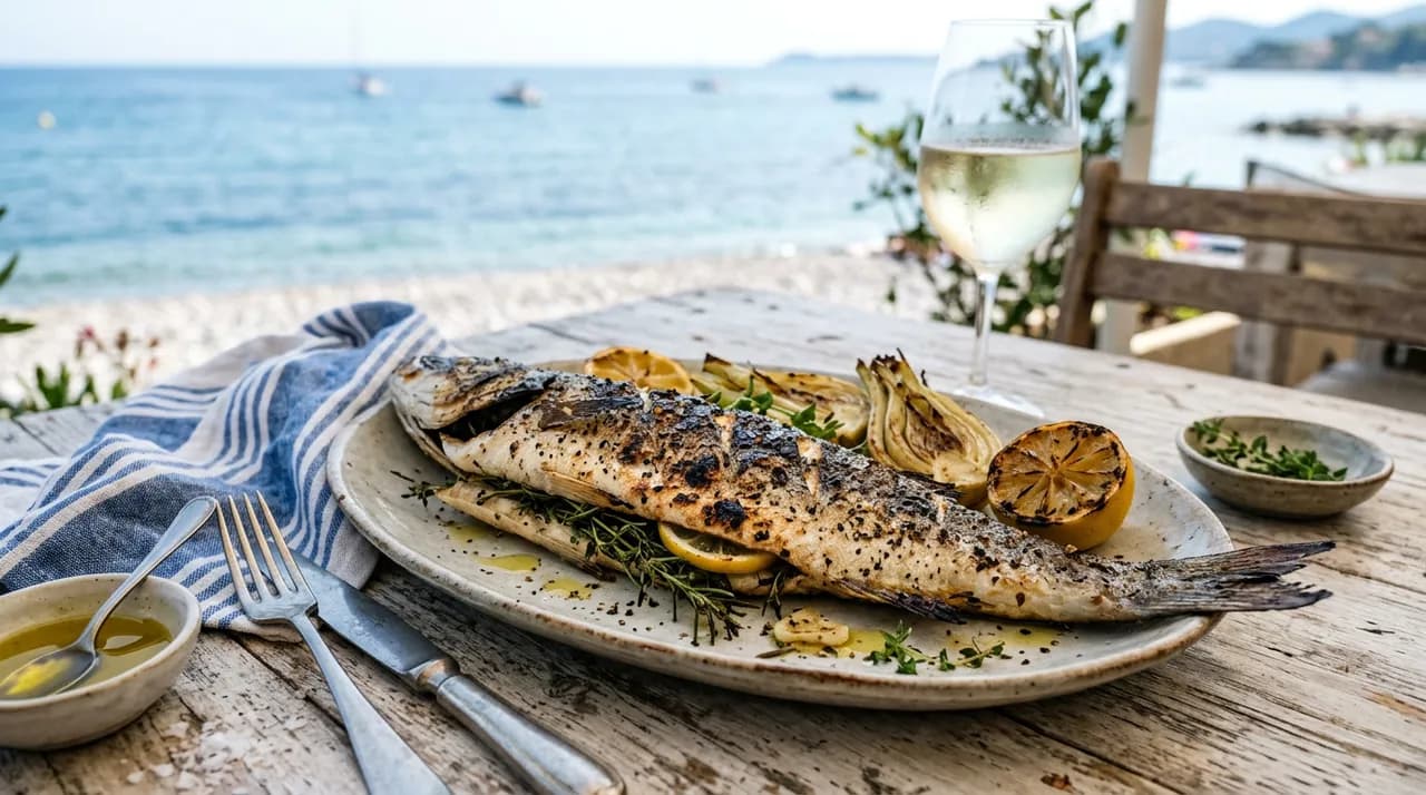 Bar entier grillé aux herbes, peau striée et dorée, servi avec citron et brins de thym