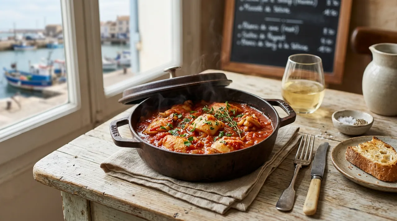 Blancs de seiche à la sétoise mijotés dans une sauce tomate à l'ail, servis dans une cocotte en fonte