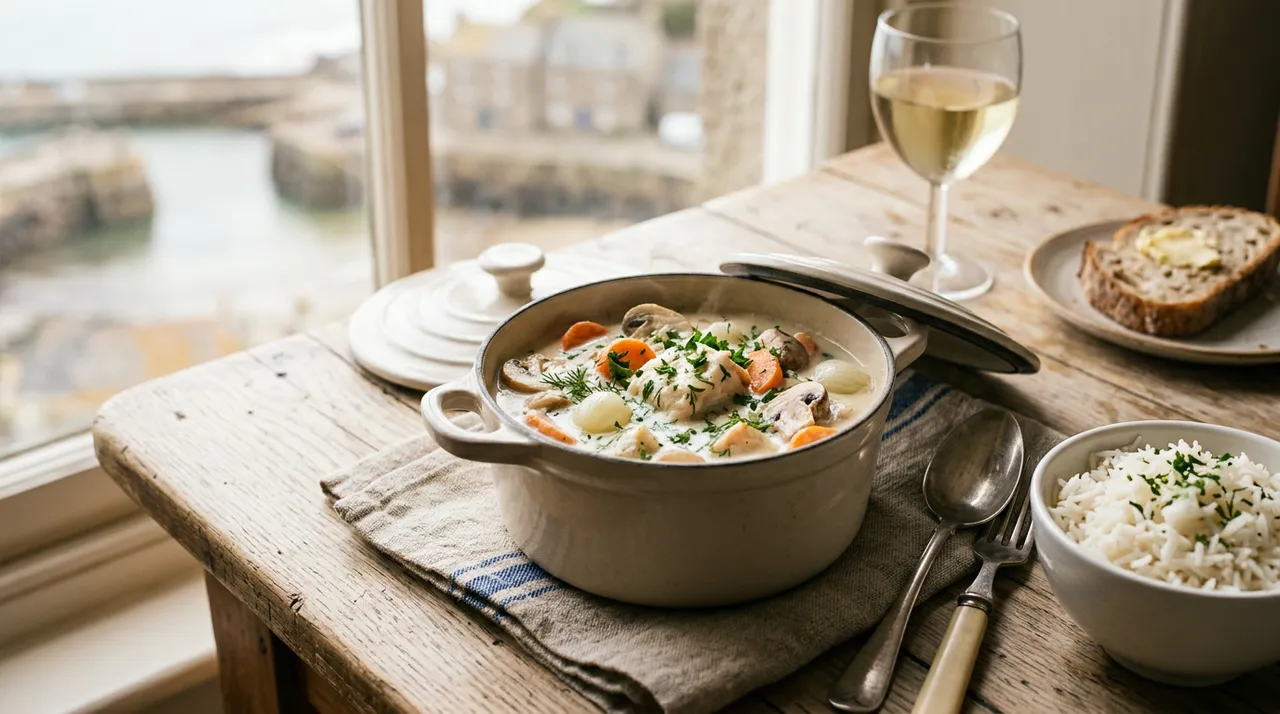 Blanquette de saumonette crémeuse aux carottes et champignons, servie dans une cocotte avec du riz