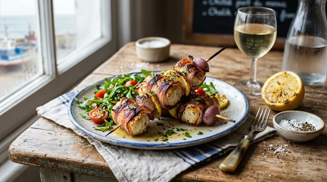 Brochettes de lotte enveloppées de lard fumé grillé, dorées au barbecue et servies avec citron