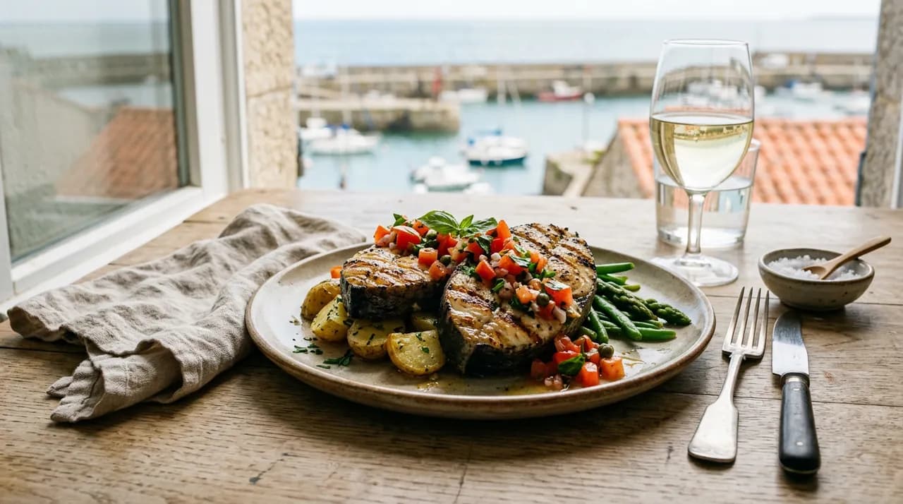 Darnes de congre grillées marquées à la plancha, nappées de sauce vierge aux tomates fraîches et basilic