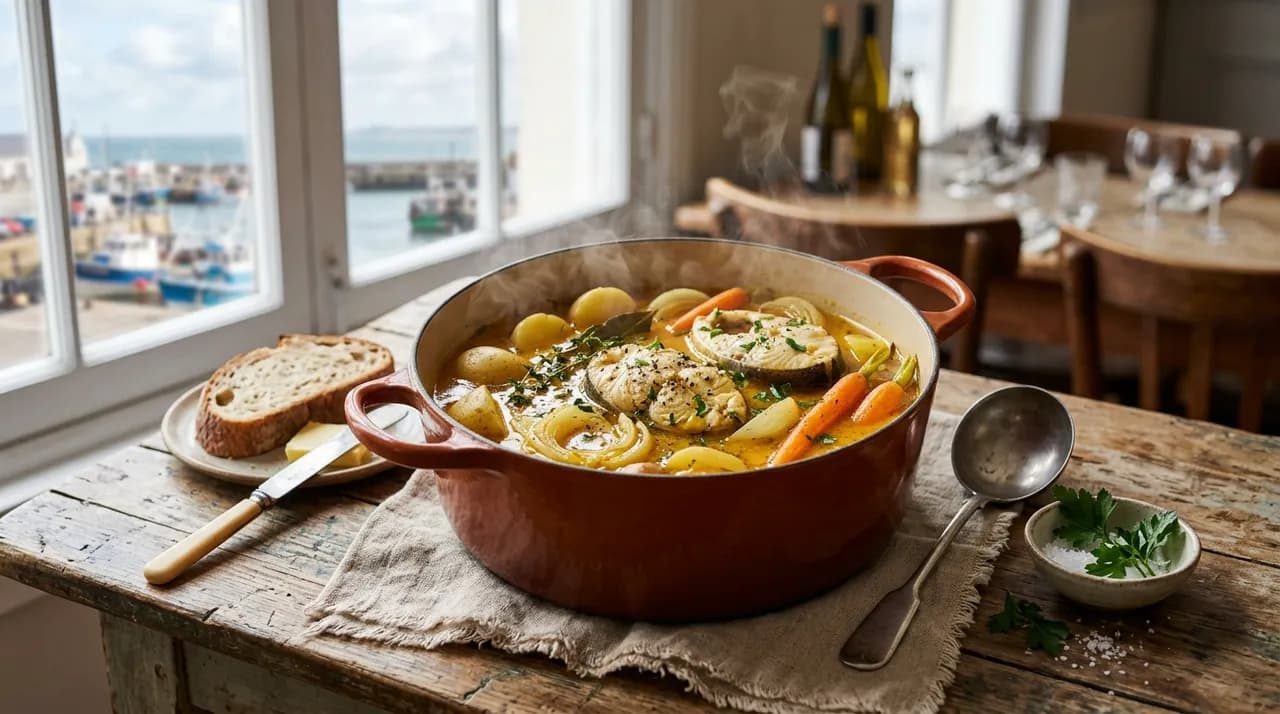 Cotriade de congre fumante dans une cocotte : darnes de congre, pommes de terre et oignons dans un bouillon doré