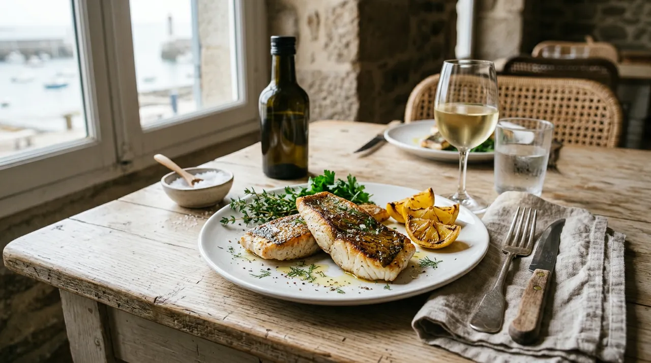 Darnes de merlu dorées à la plancha, fleur de sel de Guérande, filet d'huile d'olive et quartiers de citron