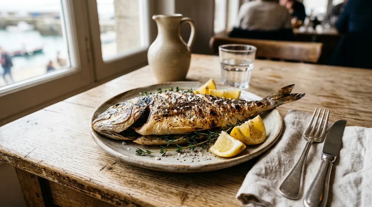 Daurade entière grillée à la peau dorée, parsemée de gros sel de Guérande et servie avec des quartiers de citron