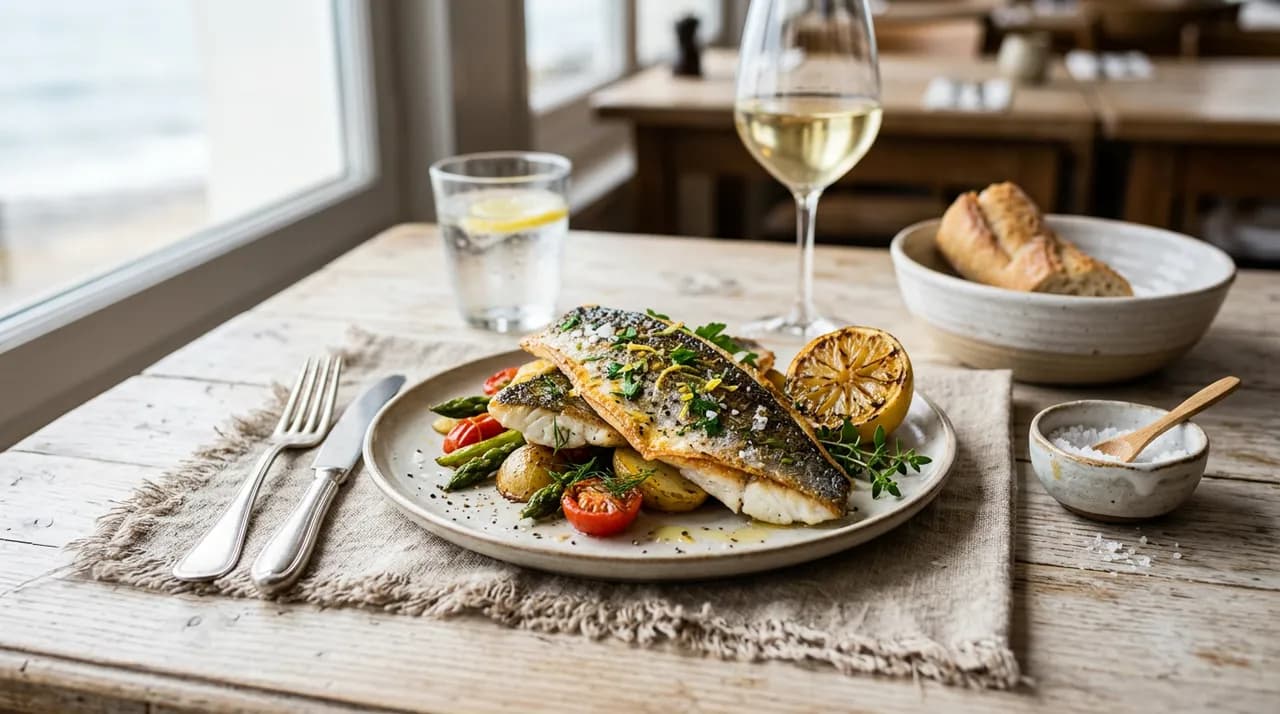 Filets de daurade royale saisis à la plancha, peau dorée et croustillante, servis avec citron et herbes fraîches