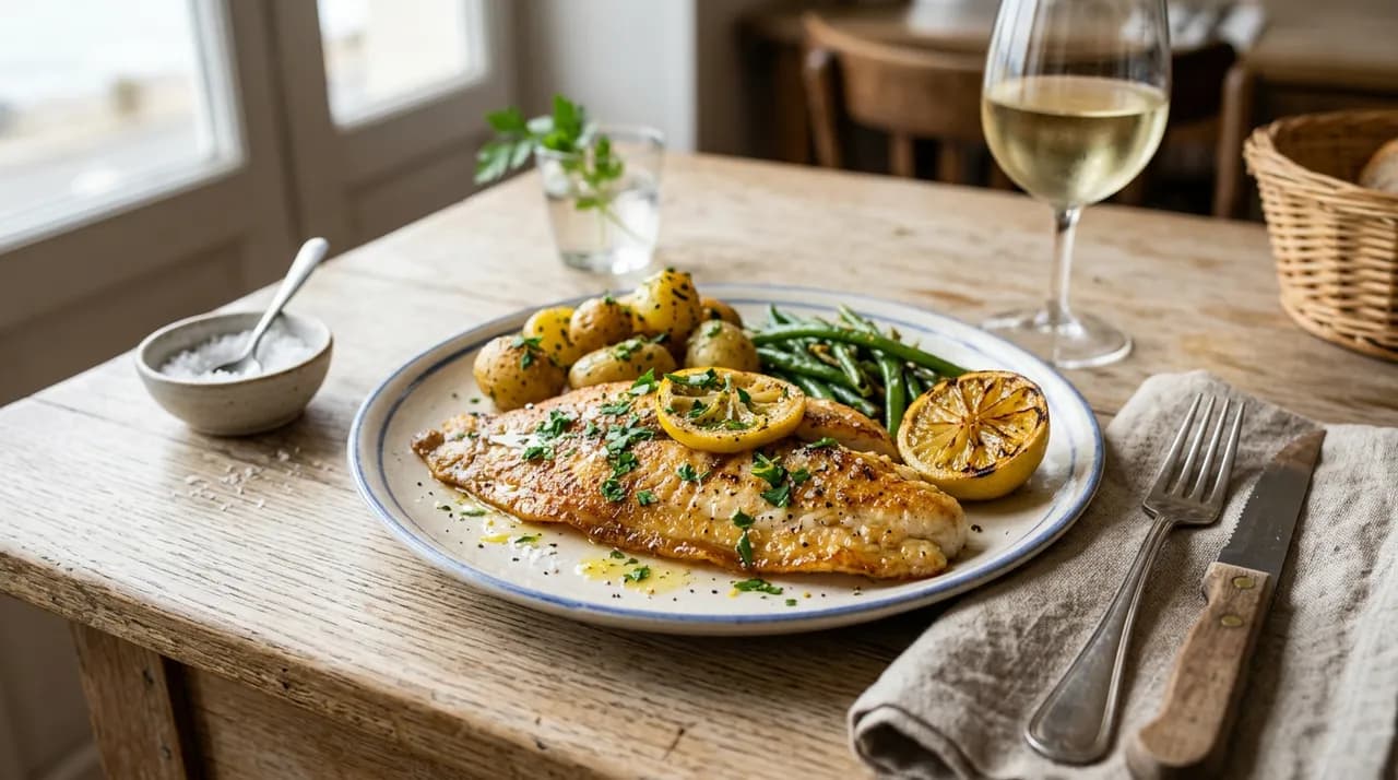 Filets de plie poêlés dorés au beurre demi-sel, nappés de jus de citron et parsemés de persil frais
