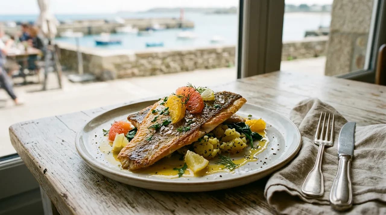 Filets de saint-pierre poêlés à la peau dorée, nappés d'une sauce aux agrumes et suprêmes d'orange
