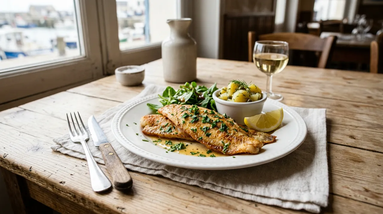 Filets de tacaud meunière dorés au beurre demi-sel, nappés de jus de citron et de persil