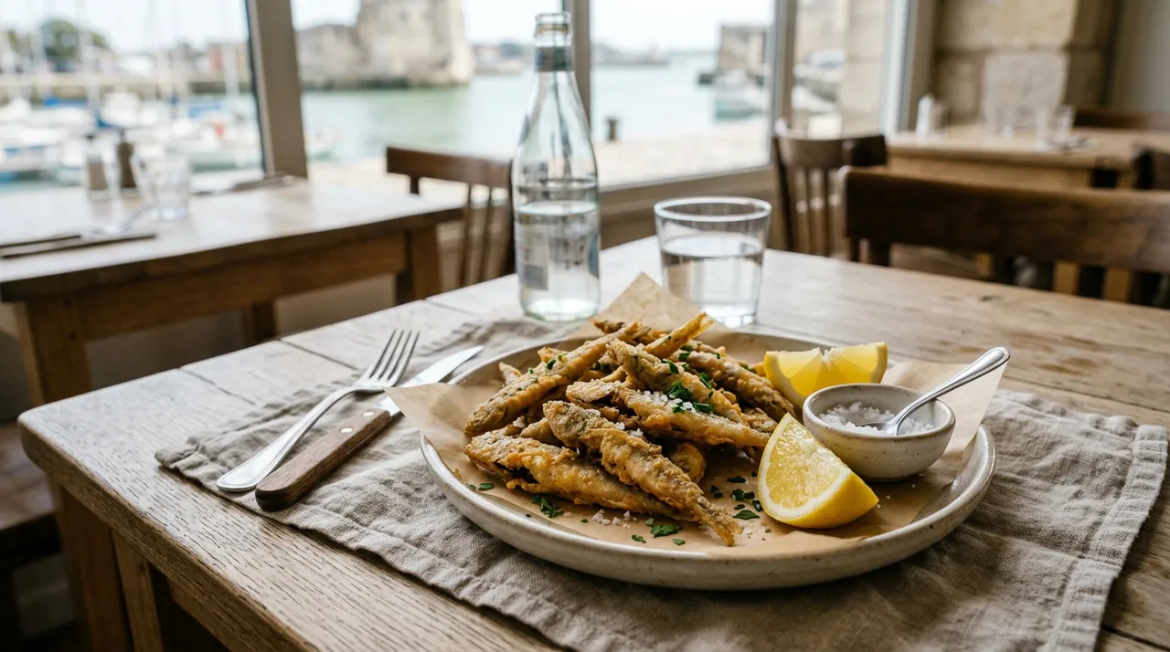 Friture de petits merlans dorés et croustillants servis avec des quartiers de citron et de la fleur de sel
