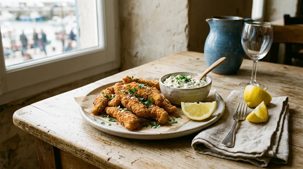 Goujonnettes de merlan panées et dorées, servies avec un bol de sauce tartare maison et des quartiers de citron