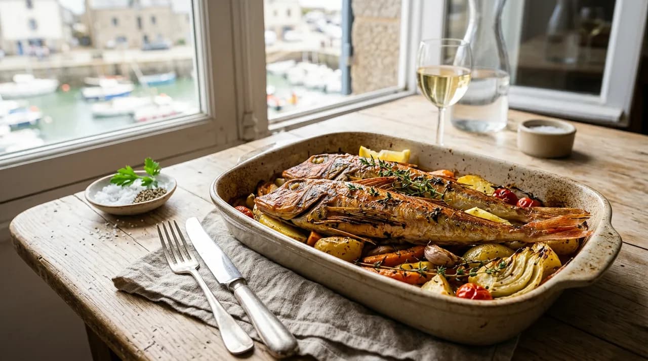 Grondins entiers rôtis au four sur un lit de pommes de terre, carottes et fenouil dorés au thym
