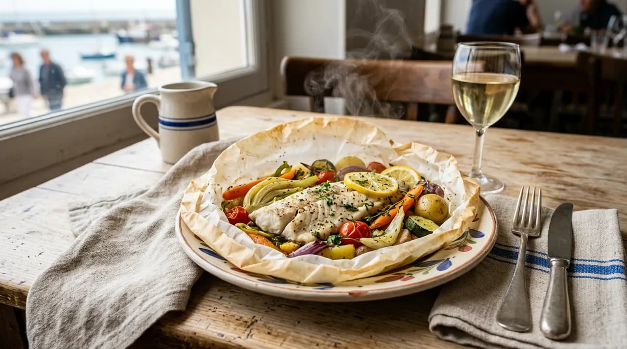 Papillote ouverte de lieu jaune aux petits légumes colorés, encore fumante à la sortie du four