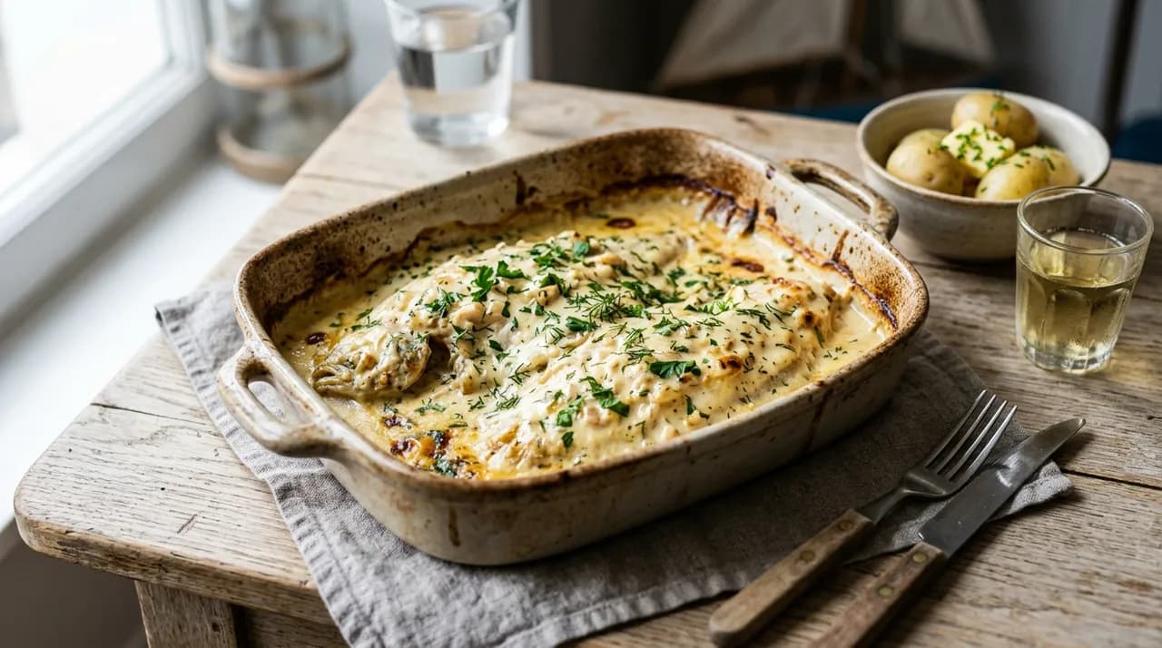 Limandes au four nappées de crème d'échalotes au Muscadet, dans un plat en céramique sorti du four