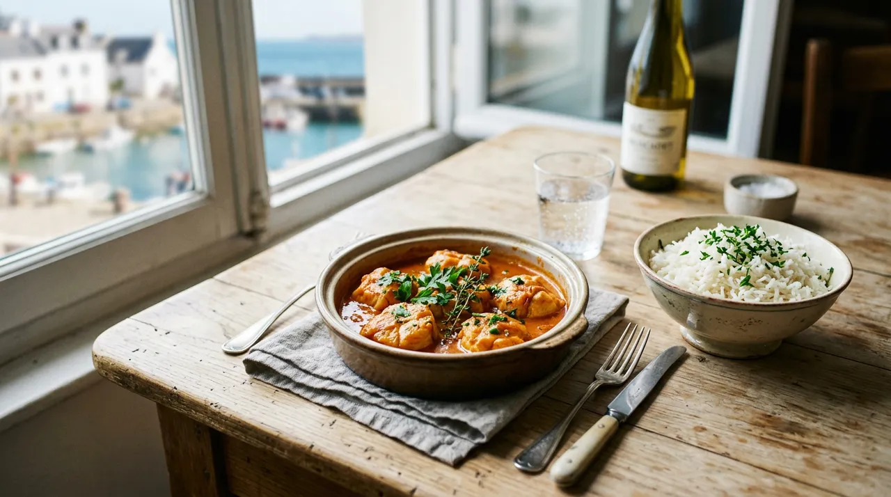 Médaillons de lotte à l'armoricaine nappés de sauce tomate au cognac, servis dans une cocotte avec du riz