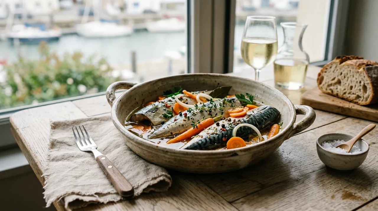 Maquereaux marinés au muscadet servis froids dans leur plat avec carottes, oignons et aromates