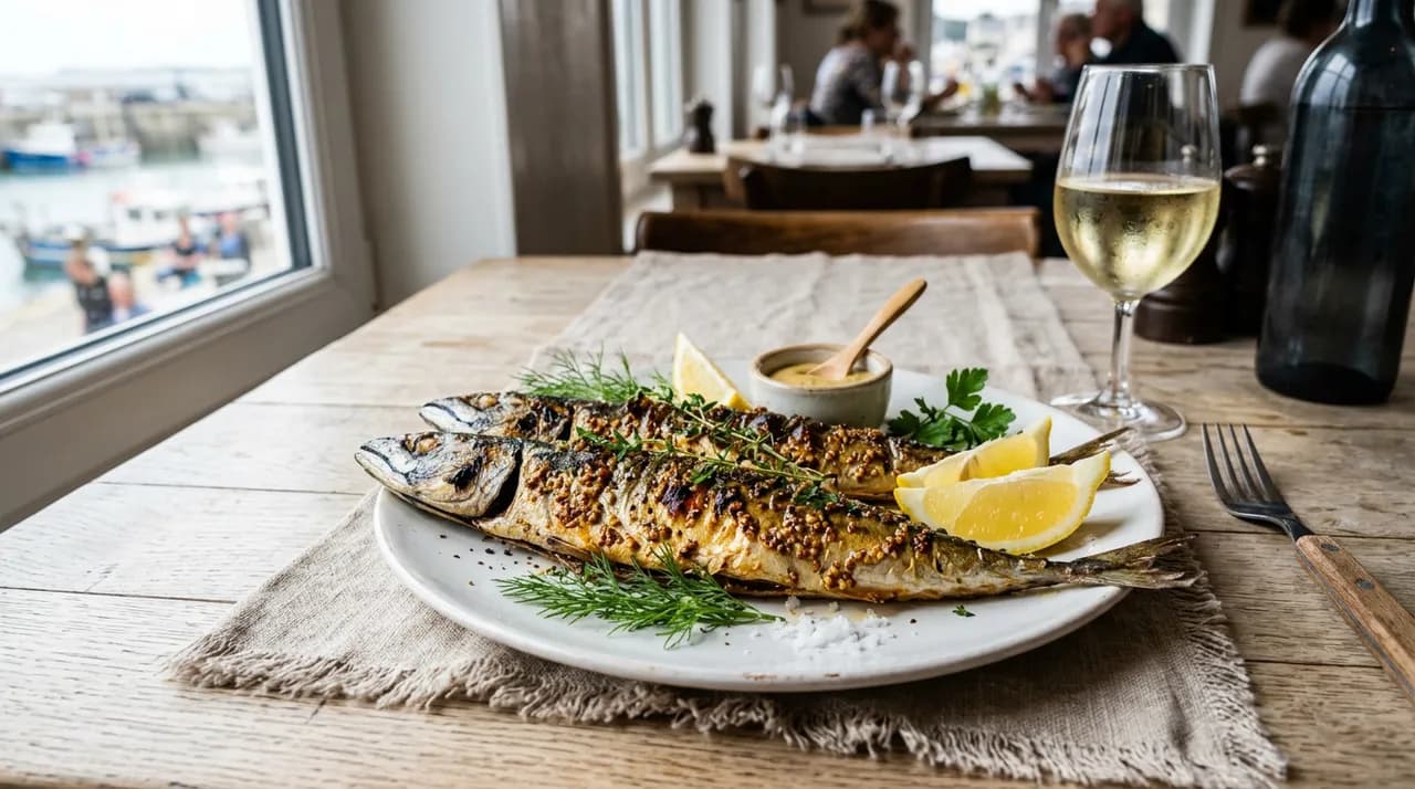 Maquereaux entiers grillés à la moutarde, peau dorée et croustillante, servis avec quartiers de citron