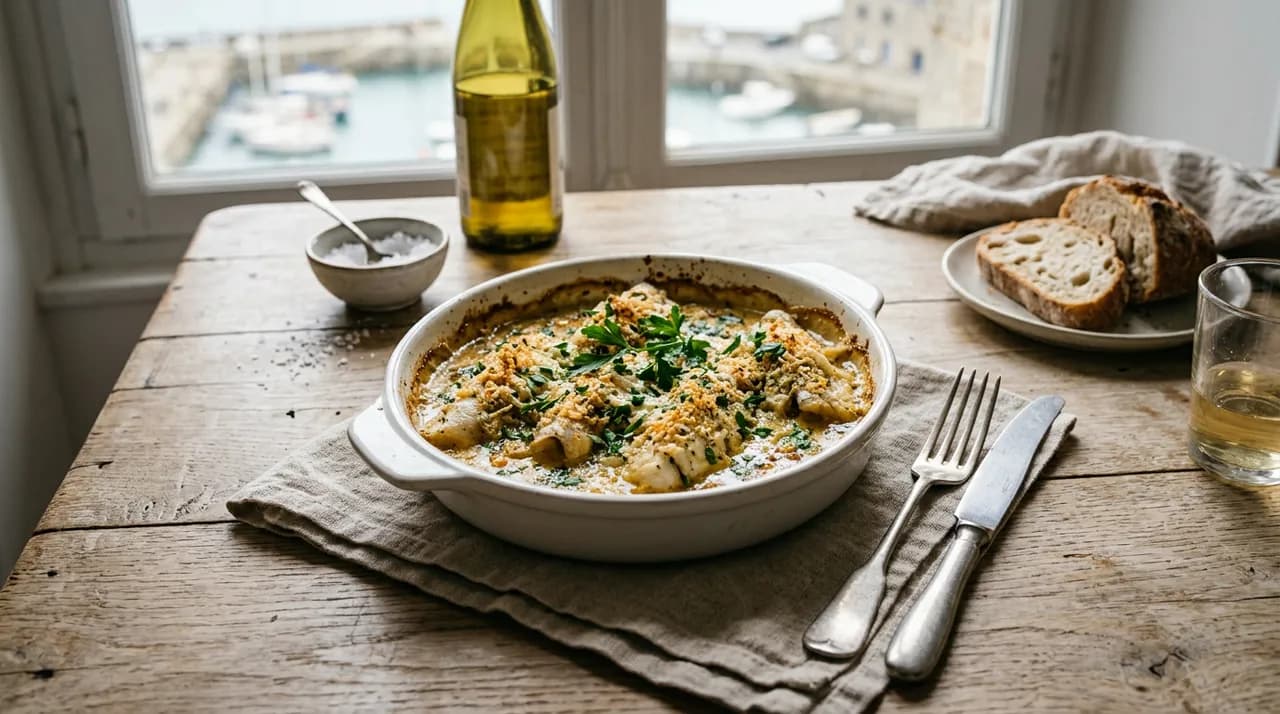 Merlans Bercy gratinés au four dans leur plat, nappés de sauce au muscadet et persil frais