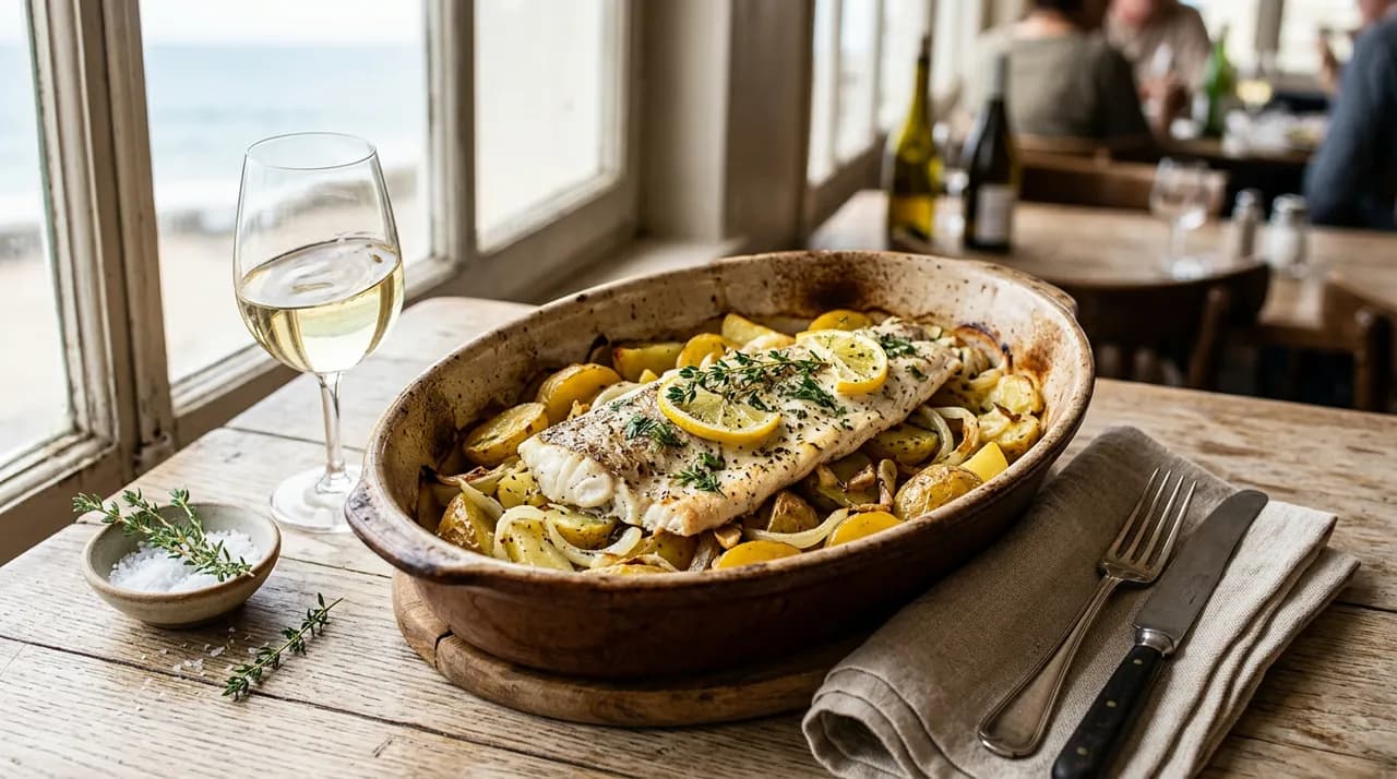 Merlu rôti au four sur lit de pommes de terre dorées et oignons, dans un grand plat en céramique