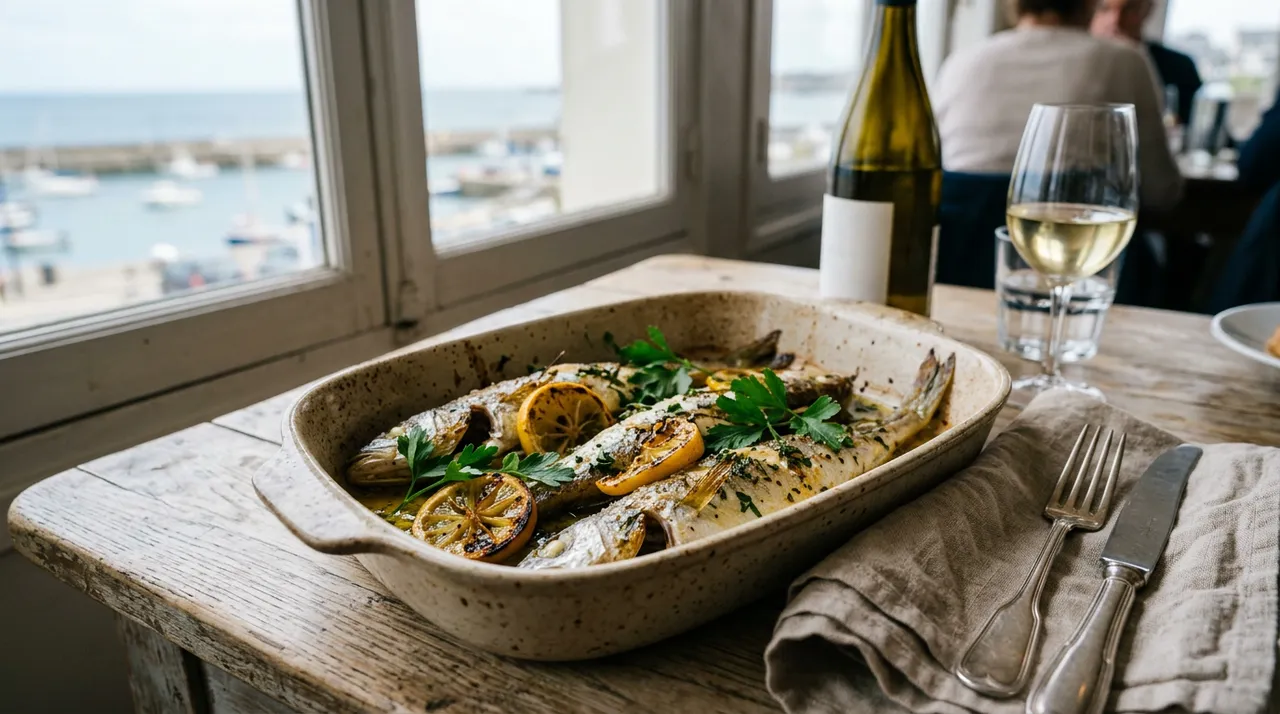 Merluchons entiers rôtis au four avec rondelles de citron et persil frais dans un plat en céramique