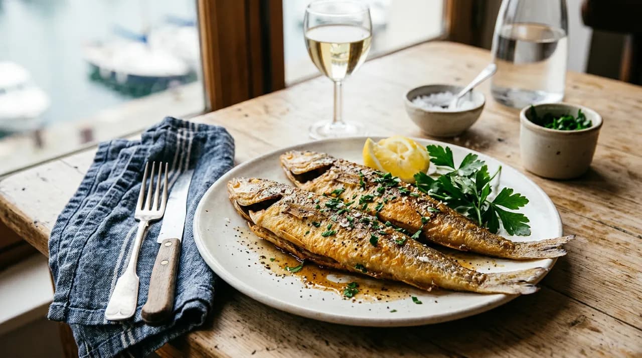 Merluchons entiers dorés à la poêle au beurre demi-sel, servis avec citron et persil