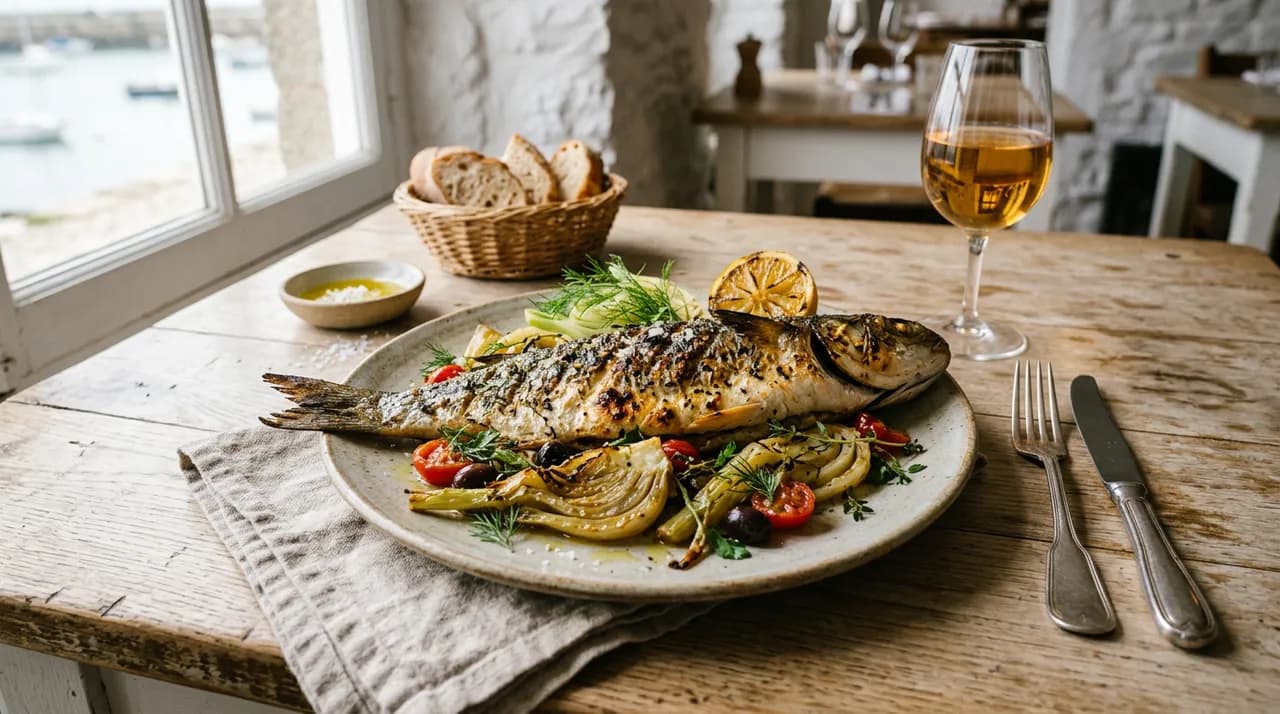 Mulet noir entier grillé sur un lit de fenouil, peau croustillante marquée par la grille, citron et herbes