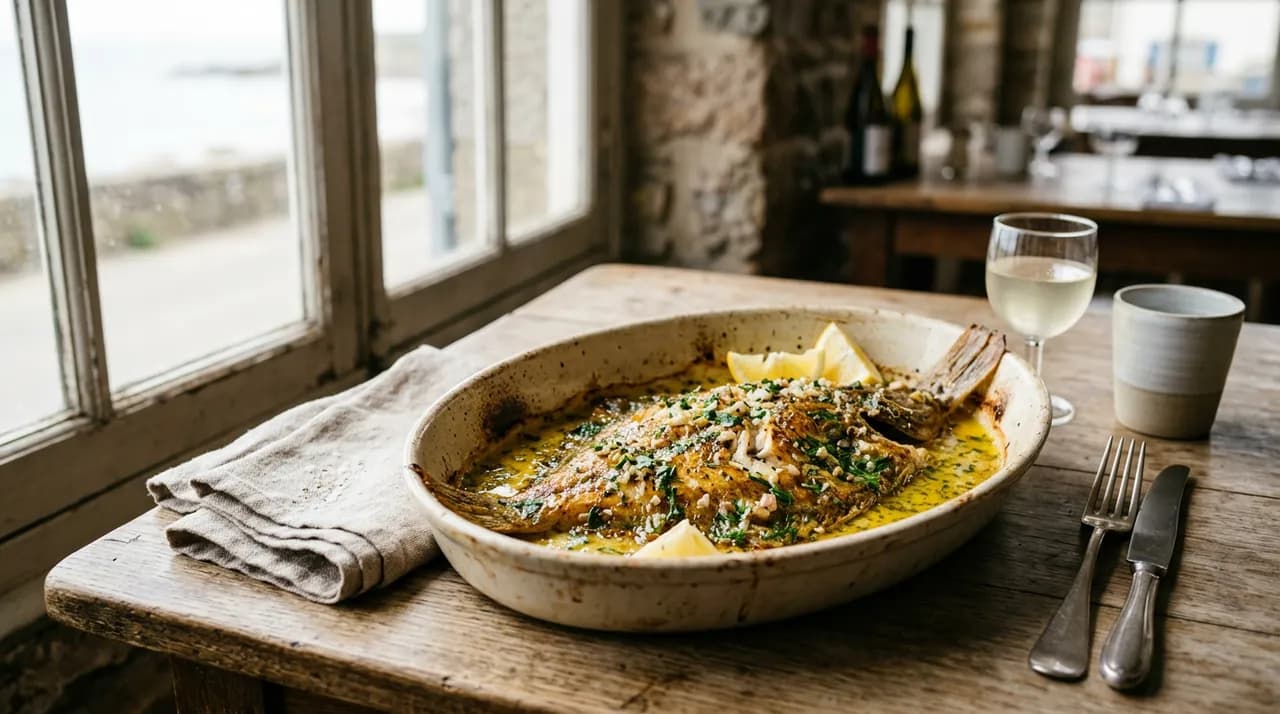 Plie entière rôtie au four, nappée de beurre demi-sel fondu aux échalotes, dans un plat en céramique