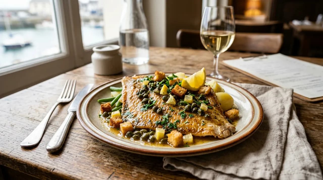 Aile de raie à la grenobloise nappée de beurre noisette avec câpres, croûtons dorés et dés de citron