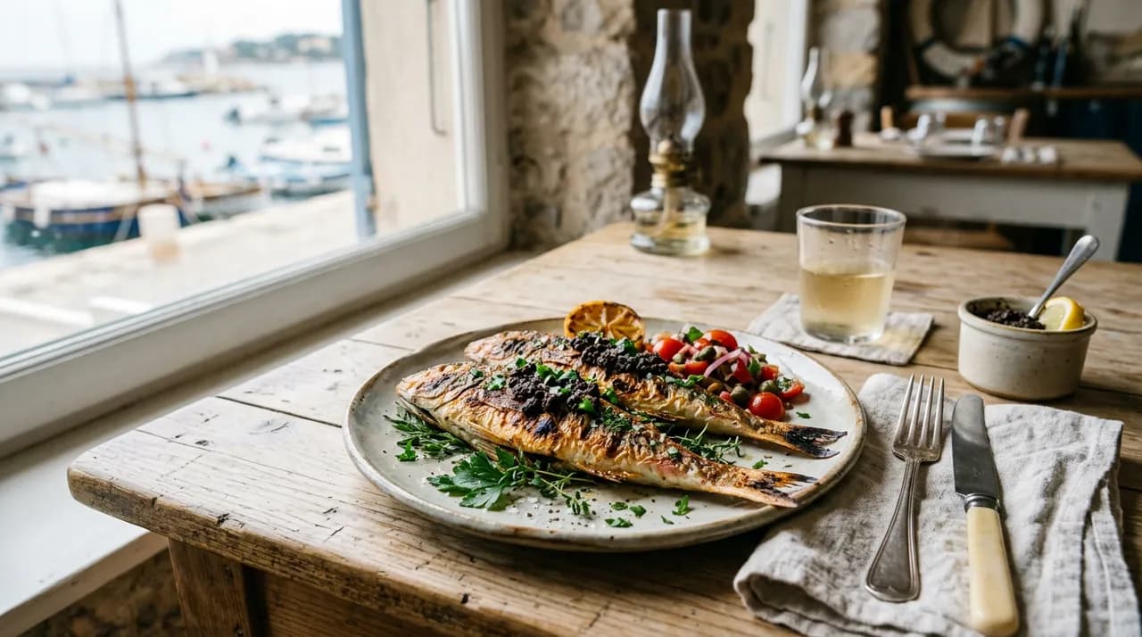 Rougets entiers grillés à la peau dorée, servis avec de la tapenade d'olives noires et du citron